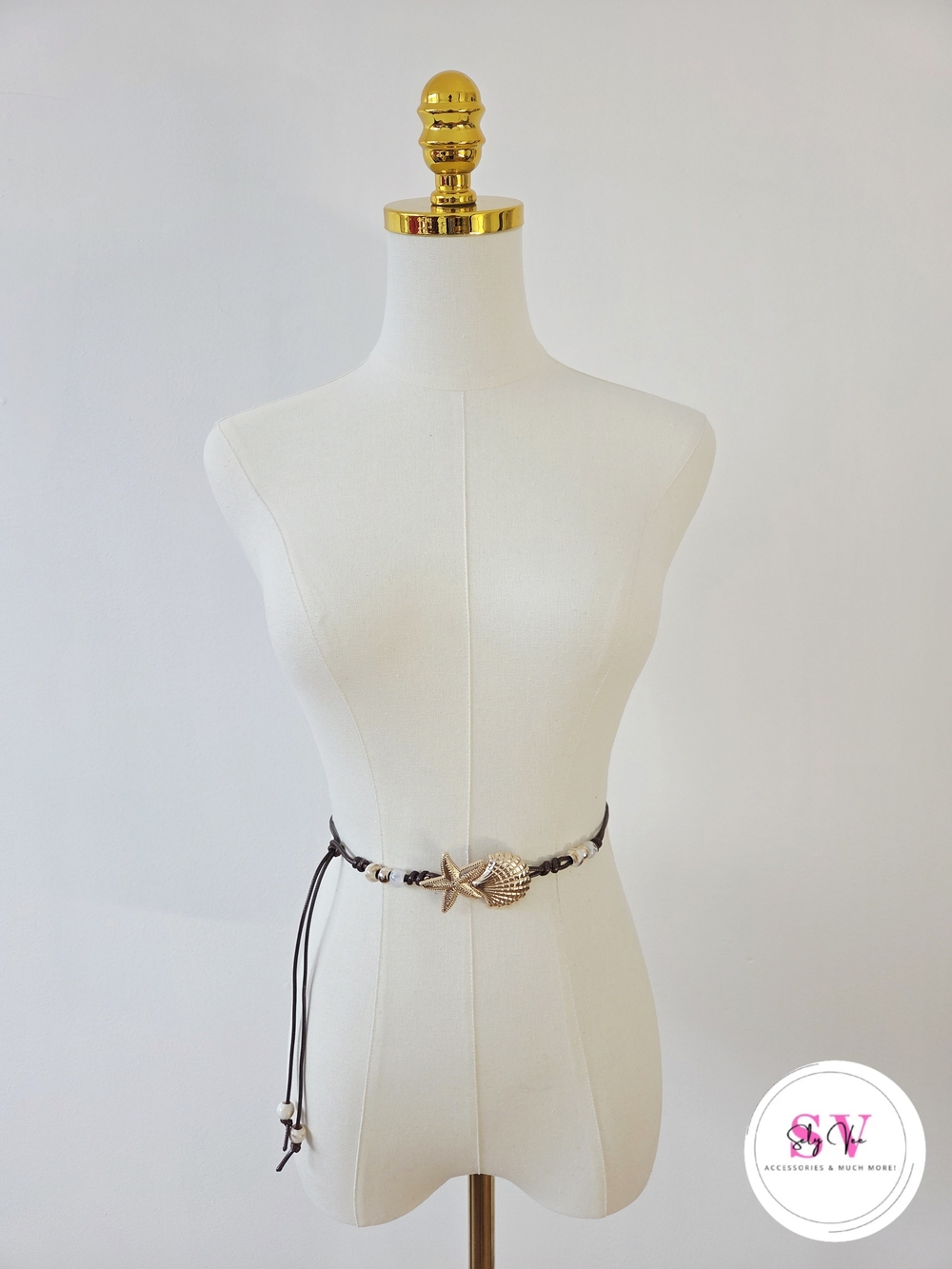 Brown rope belt with gold starfish and shell decor